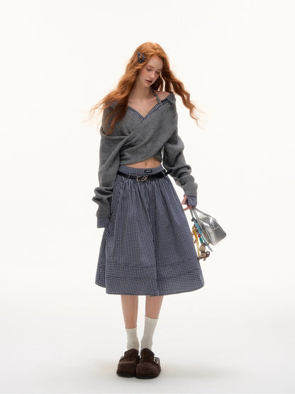 Off-Shoulder Plaid Panel Cross Sweater