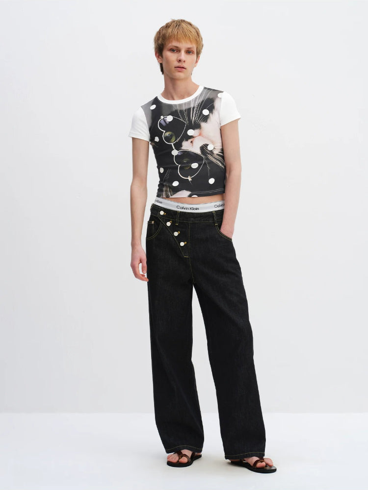 Playful Cat Print Short Sleeve Tee