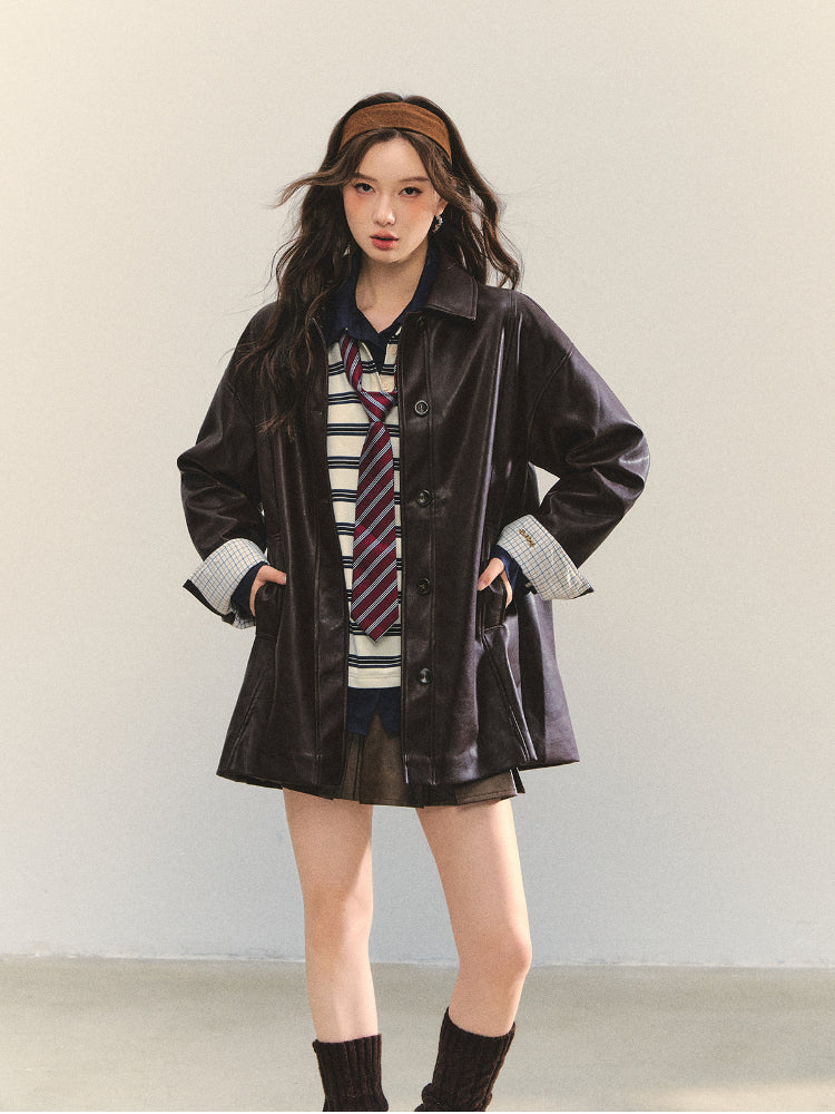 Black H-shaped Cuff Checkered Spliced Leather Jacket