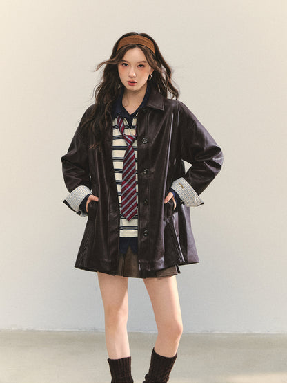 Black H-shaped Cuff Checkered Spliced Leather Jacket