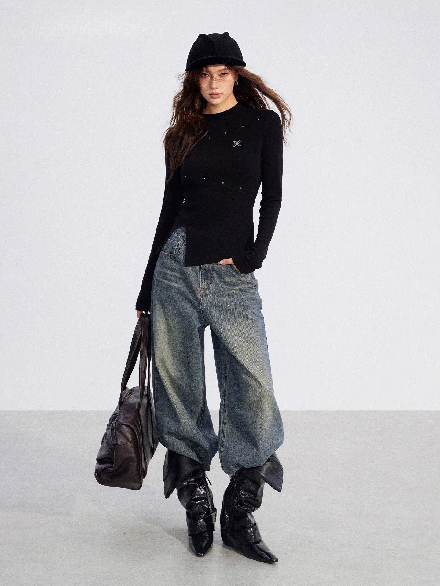 Irregular Slit Knit Long-sleeve Top