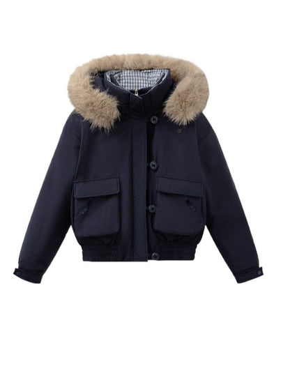 “Flowing Glacier” Patchwork Down Jacket with Fur Collar