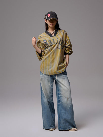 Vintage Plaid V-neck Loose Jersey