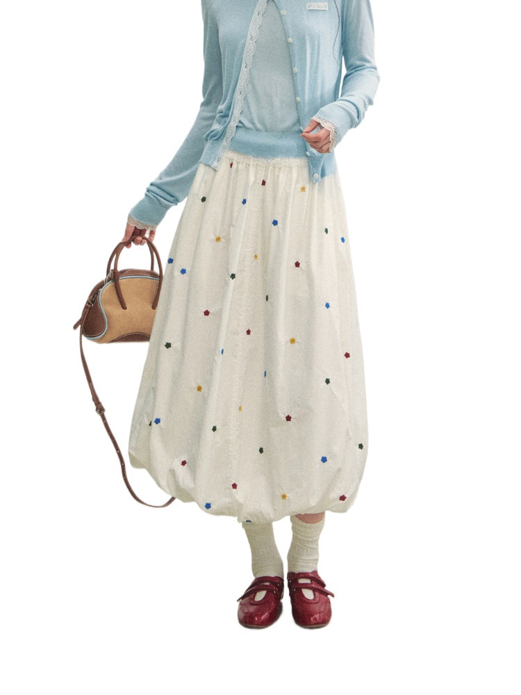 White Heavy-duty Floral Embroidered Midi Skirt