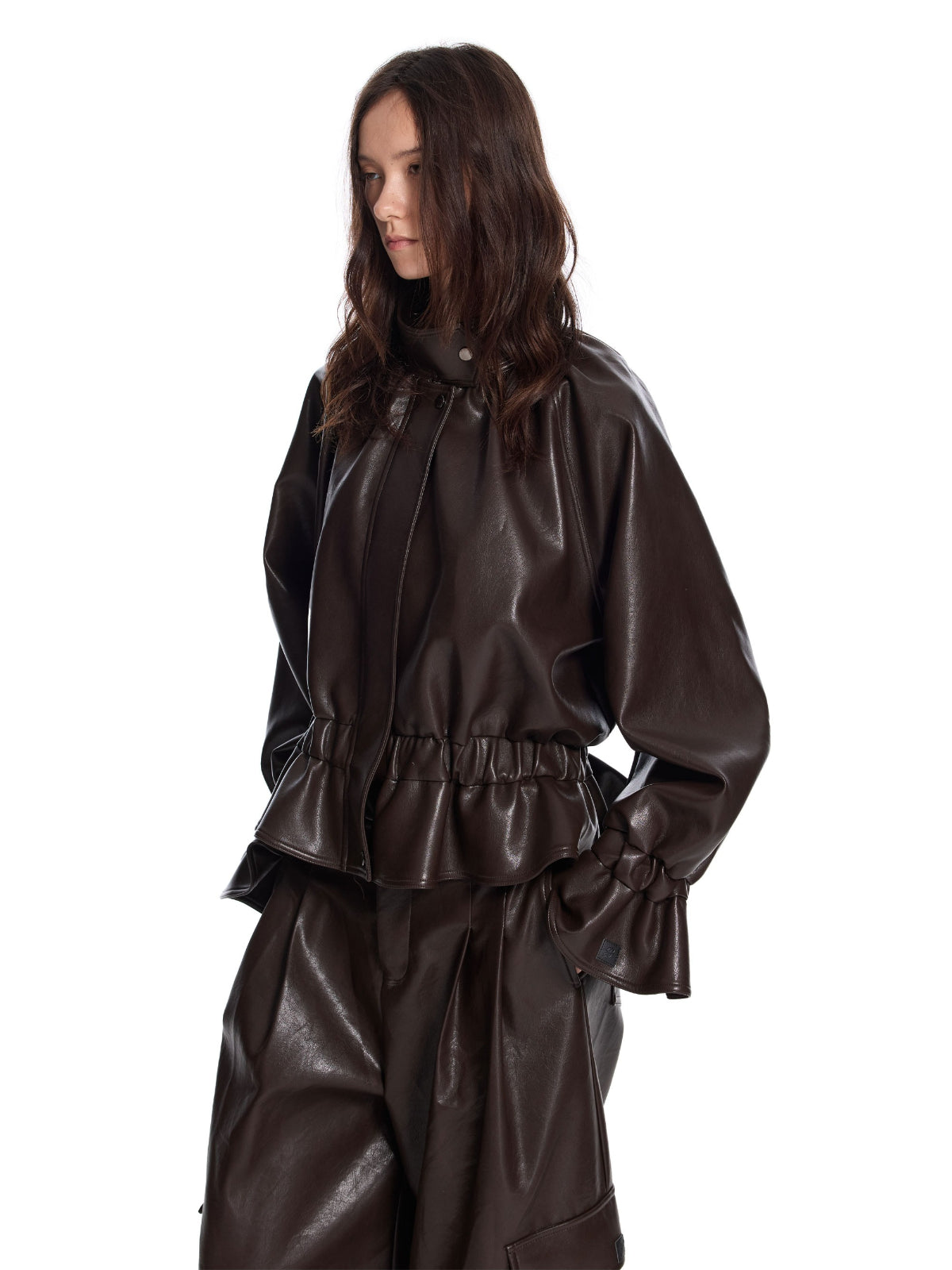 Stand Collar Cropped Leather Jacket