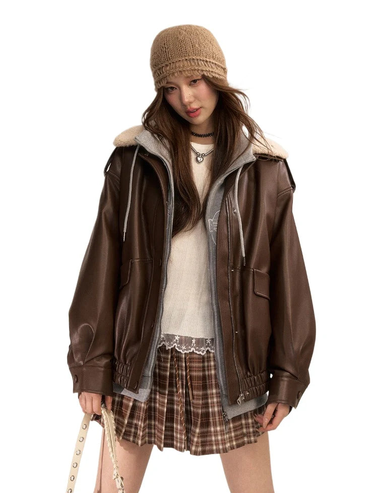 Faux Leather &amp; Shearling Down Jacket
