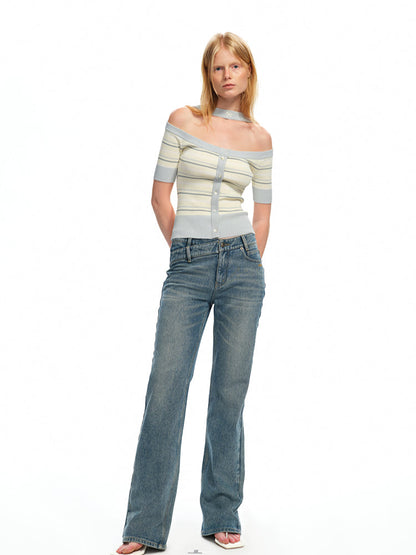 One-Shoulder Halter Neck Color-Block Striped T-shirt