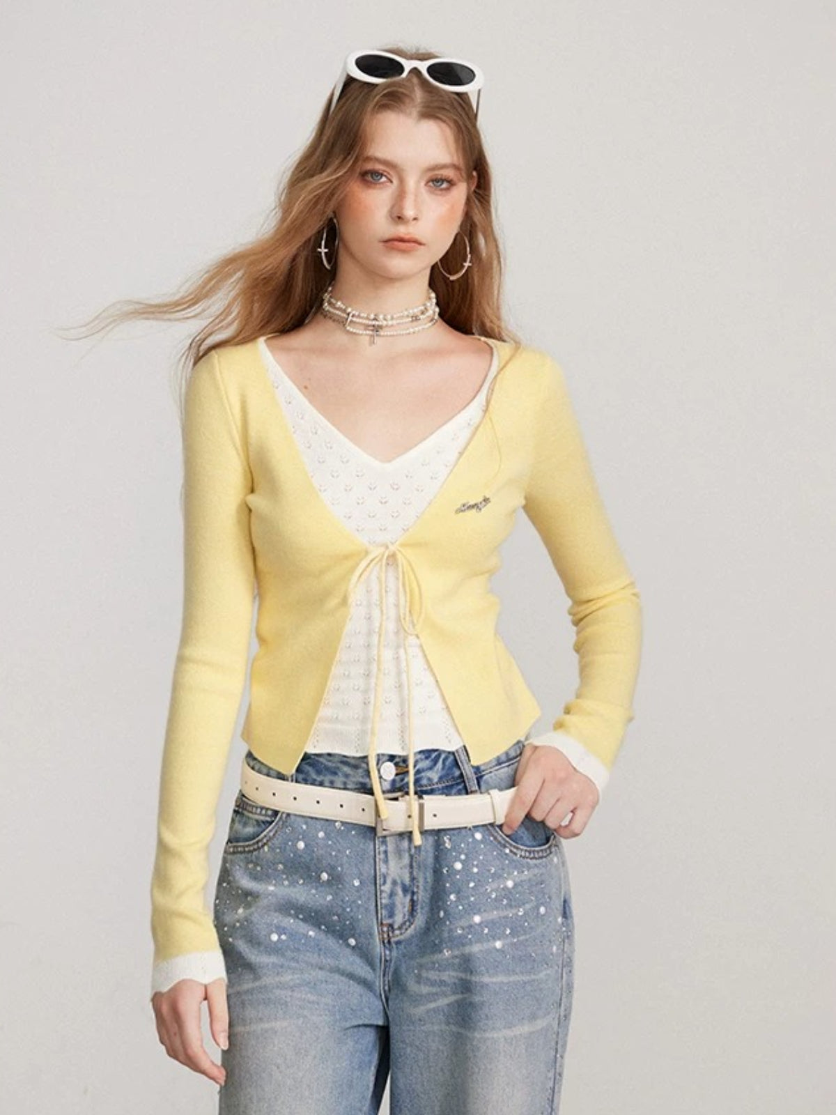 Layered V Neck Tie Knit Top