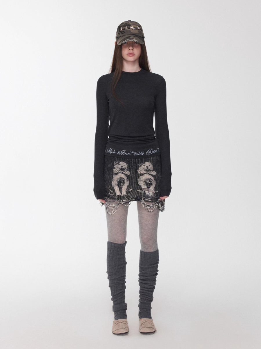 Basic Letter Print Semi-Sheer Long Sleeve Tee