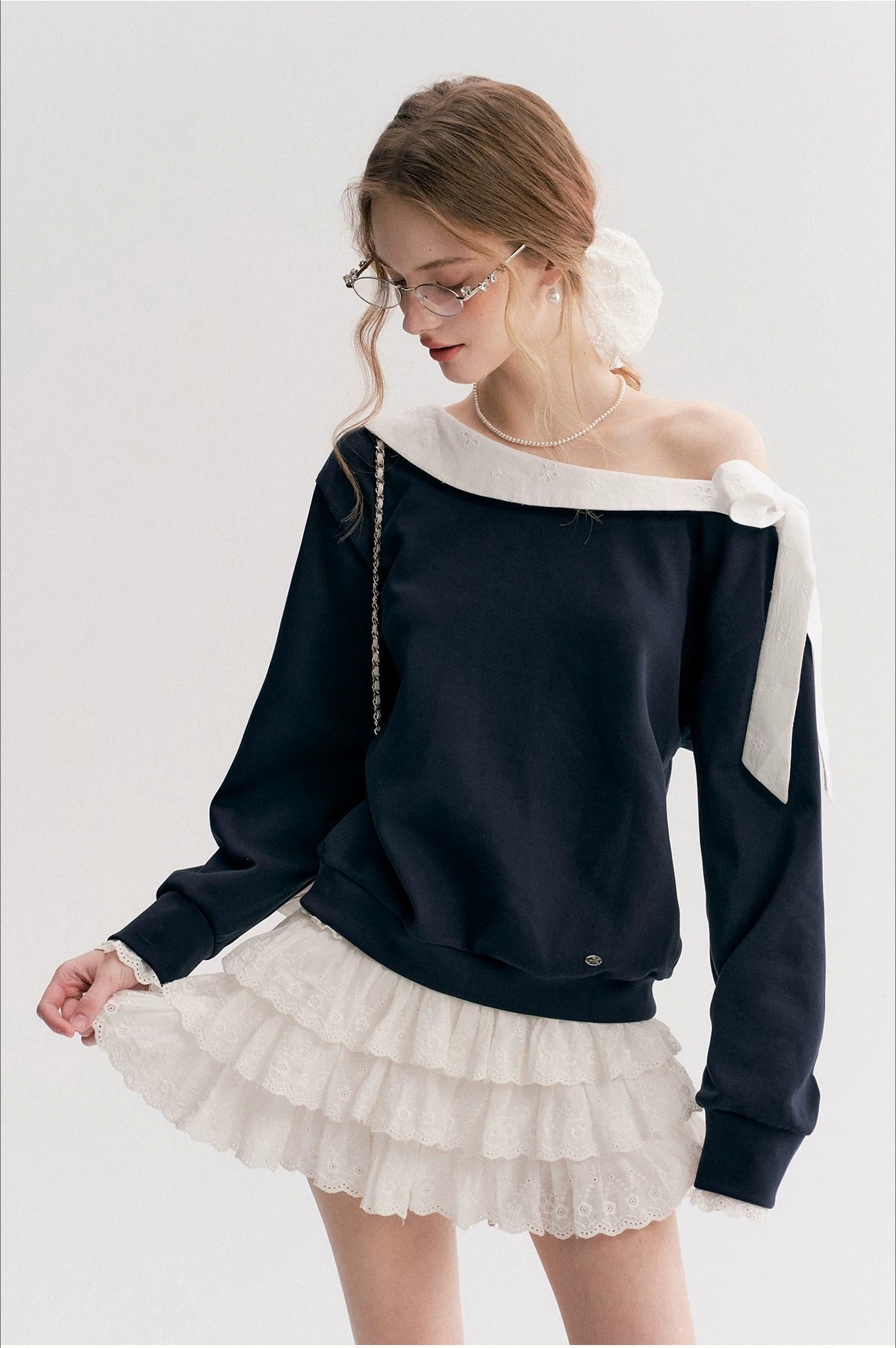 Navy &amp; Pink Bow Off-Shoulder Sweatshirt