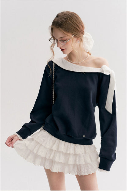 Navy &amp; Pink Bow Off-Shoulder Sweatshirt