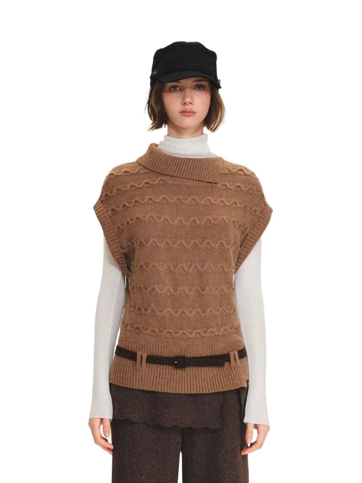 Belted Collared Wool Blend Vest