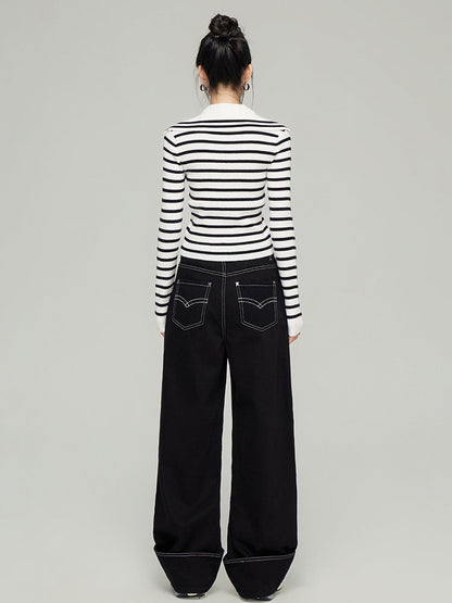 Navy Collar Ribbed Knit Cardigan 