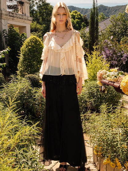 Flowy Chiffon Ruffle V-neck Shirt