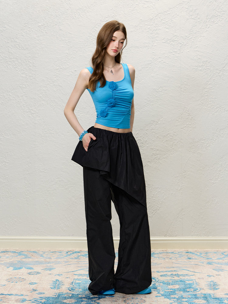 Blue 3D Rose Ruched Slim Tank Top