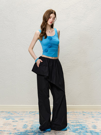 Blue 3D Rose Ruched Slim Tank Top