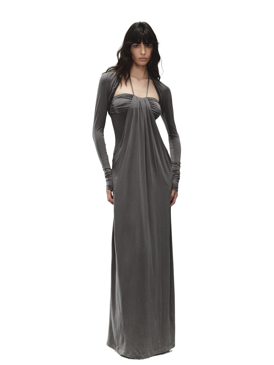Gray Lyocell Braided-Halter Ruched Dress Set