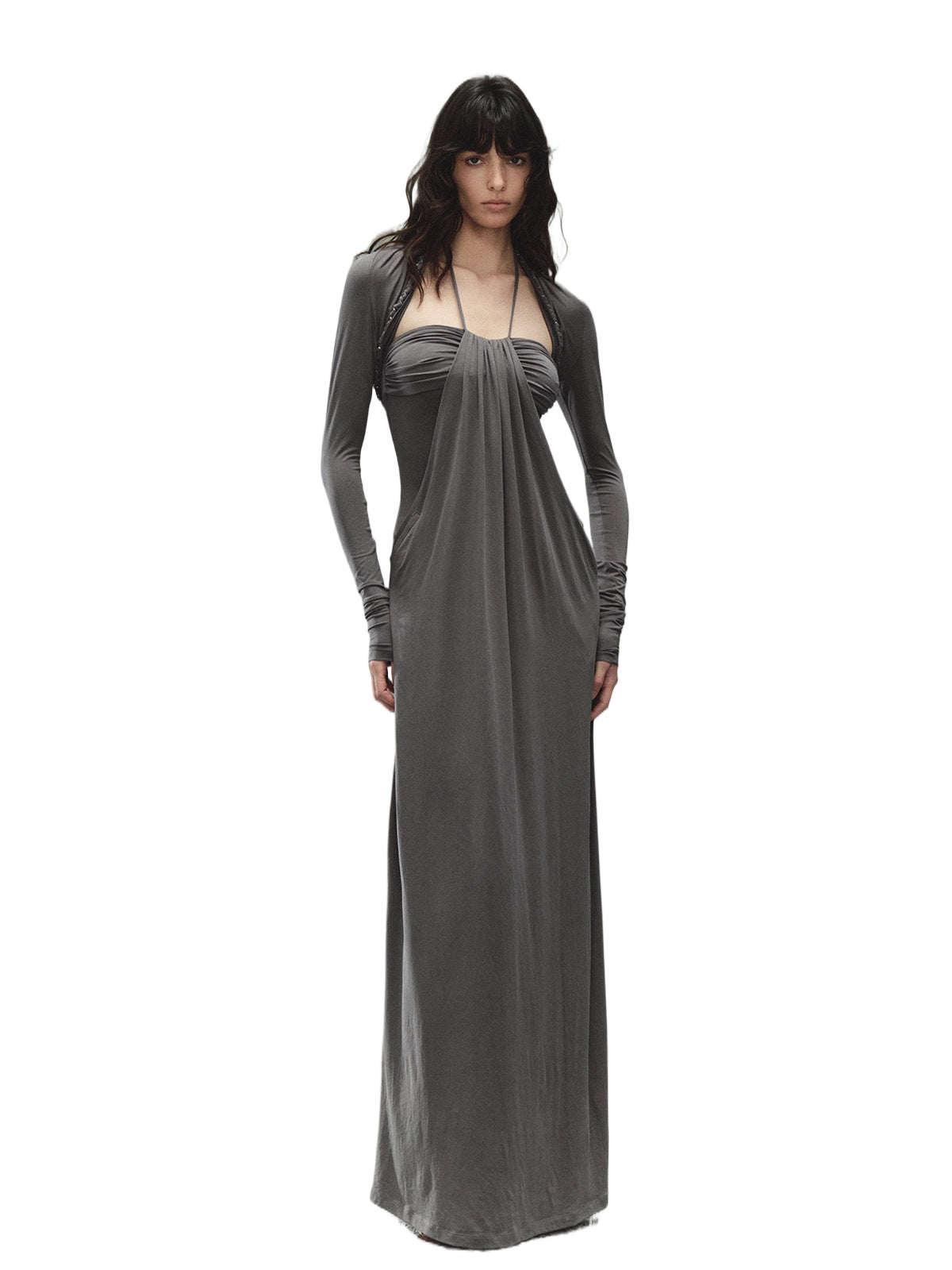 Gray Lyocell Braided-Halter Ruched Dress Set