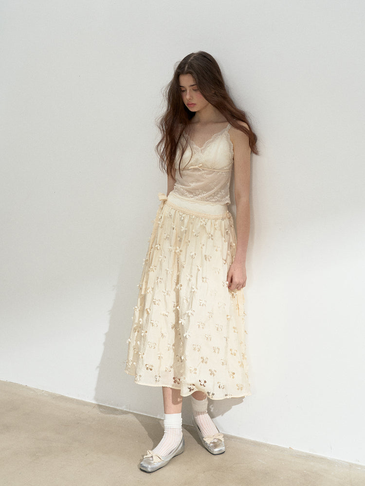 Beige 3D Hollow Floral Umbrella Skirt