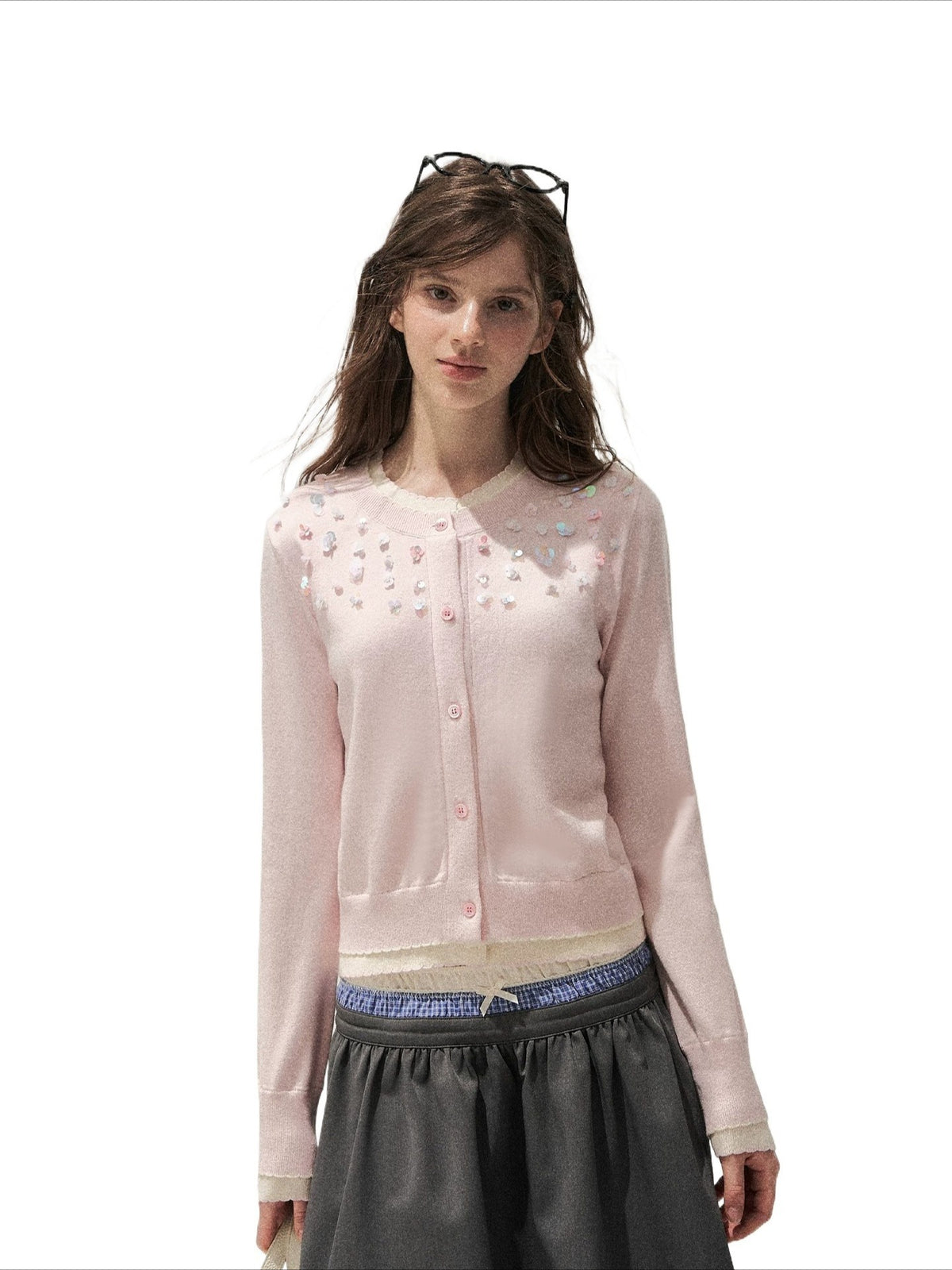 Beaded Contrast Knit Sweater