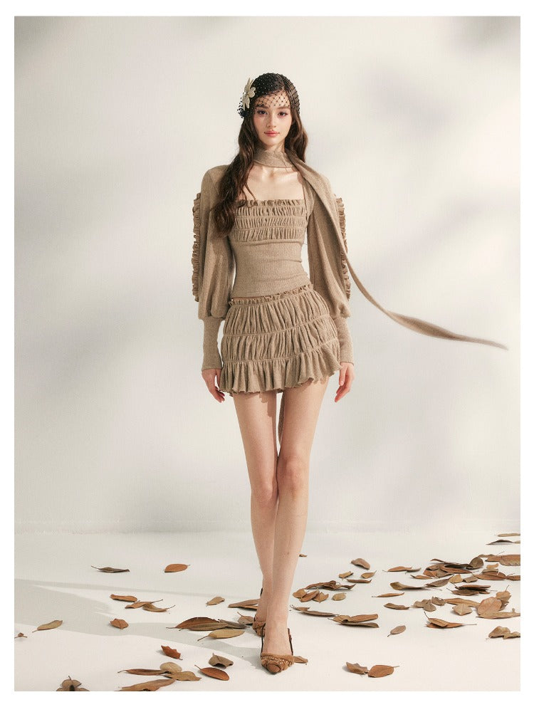 Pleated Ruffle Knit Top &amp; Skirt Set