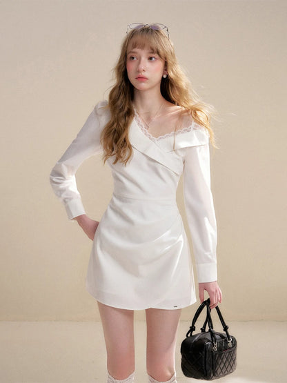 White Asymmetric Lapel Dress