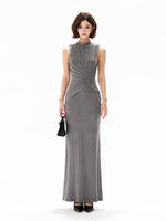 Deep Gray Sleeveless Pleated Knit Dress