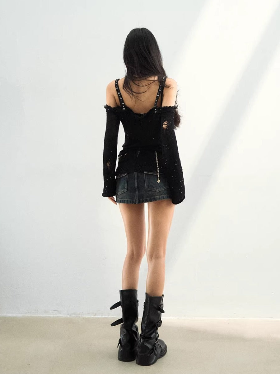 Distressed Off-Shoulder Knit Top