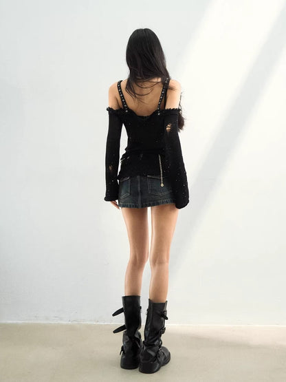 Distressed Off-Shoulder Knit Top