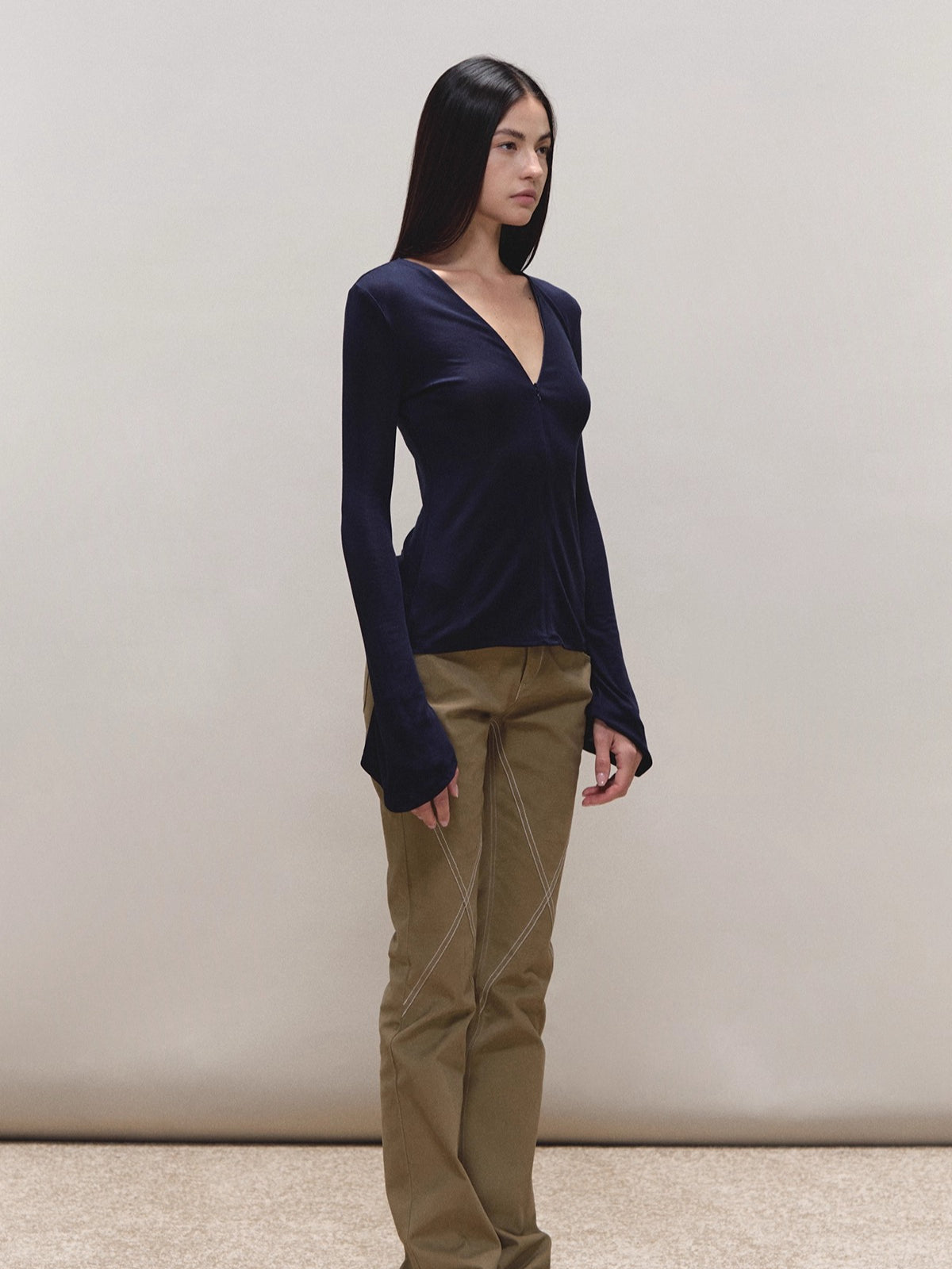 Lyocell Adjustable-Zip Flared-Sleeve Top