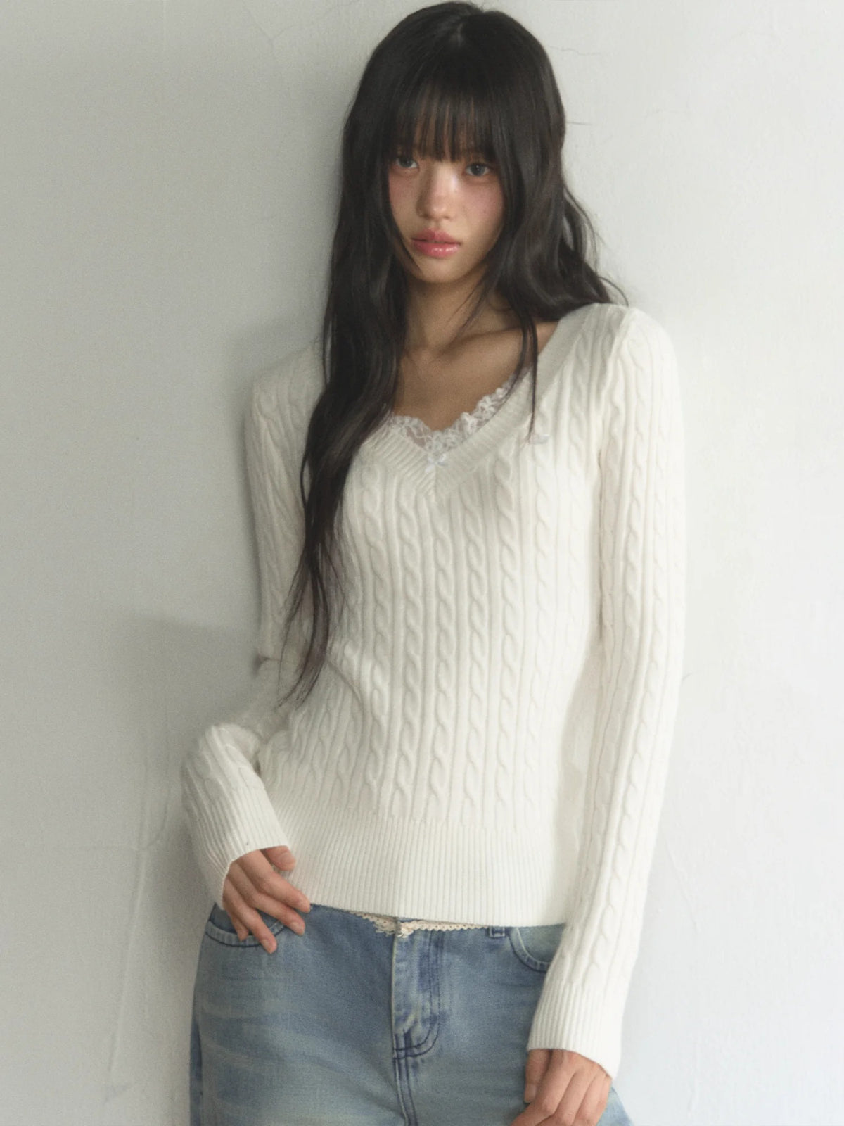Lace Trim V-Neck Cable Knit Sweater