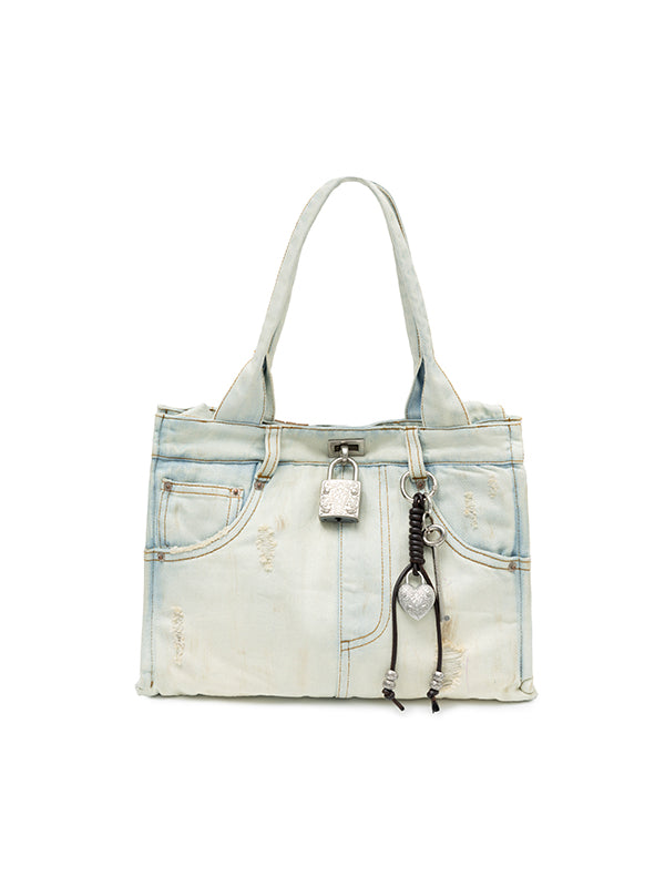 Distressed Printed Denim Tote Bag