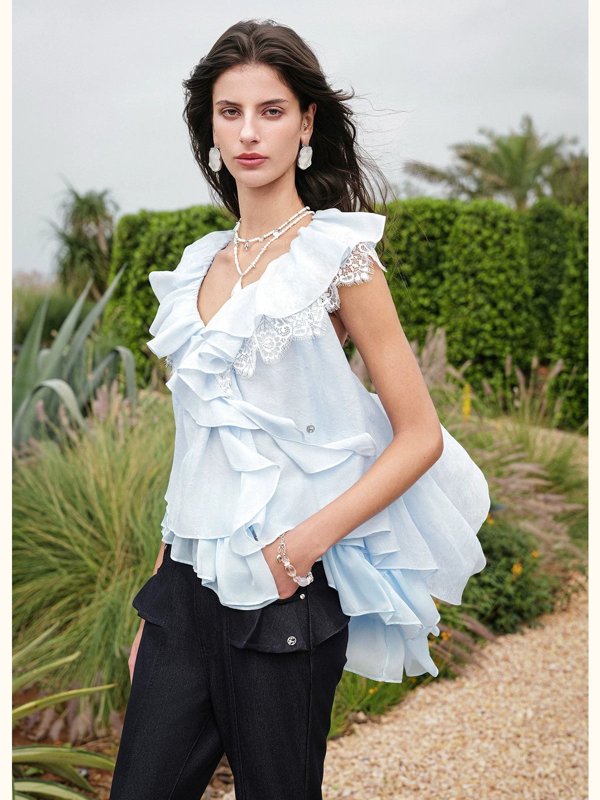 Ruffle V-Neck Sleeveless Blouse