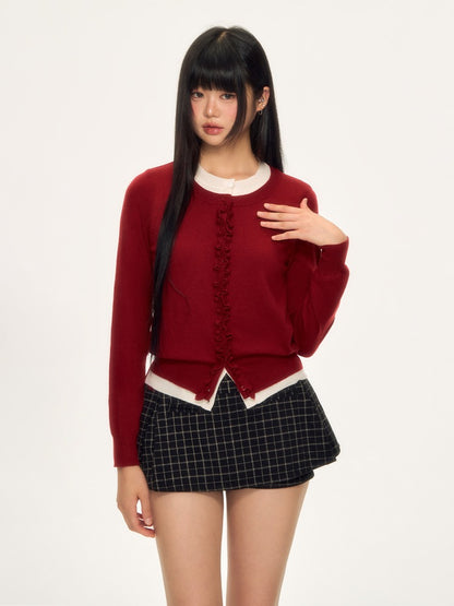 Red Layered Ruffle Trim Knit Pullover