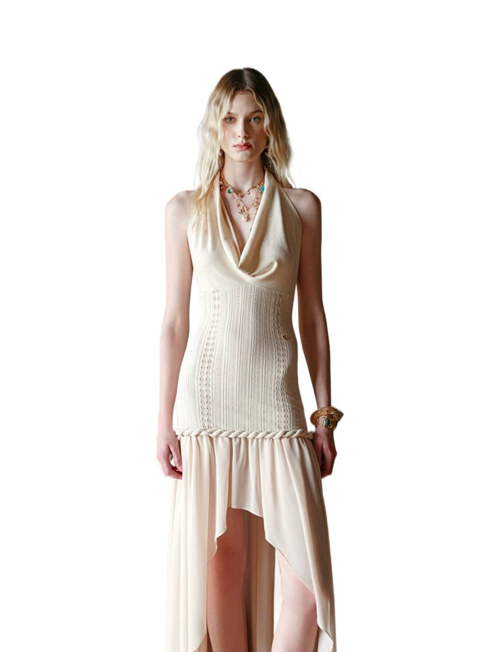 Halter Knit Chiffon Layered Dress