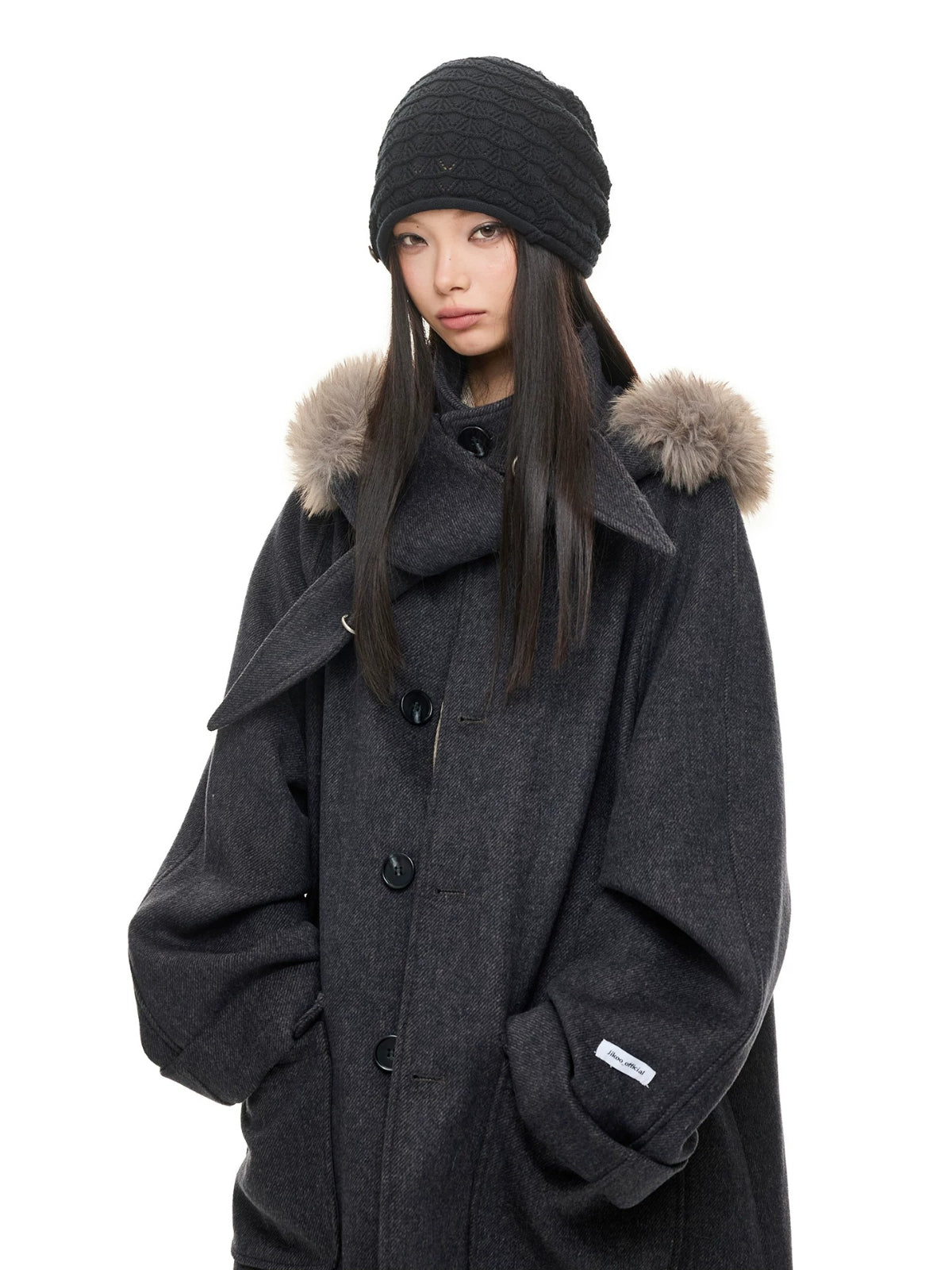 Hooded Wool Blend Long Coat