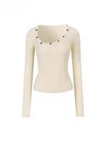 Studded Asymmetric U-Neck Long Sleeve Knit Top