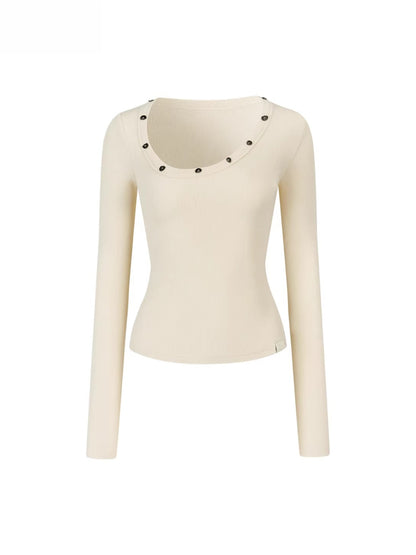Studded Asymmetric U-Neck Long Sleeve Knit Top