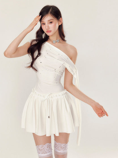 Off-Shoulder Pearl and Rhinestone Puff Dress