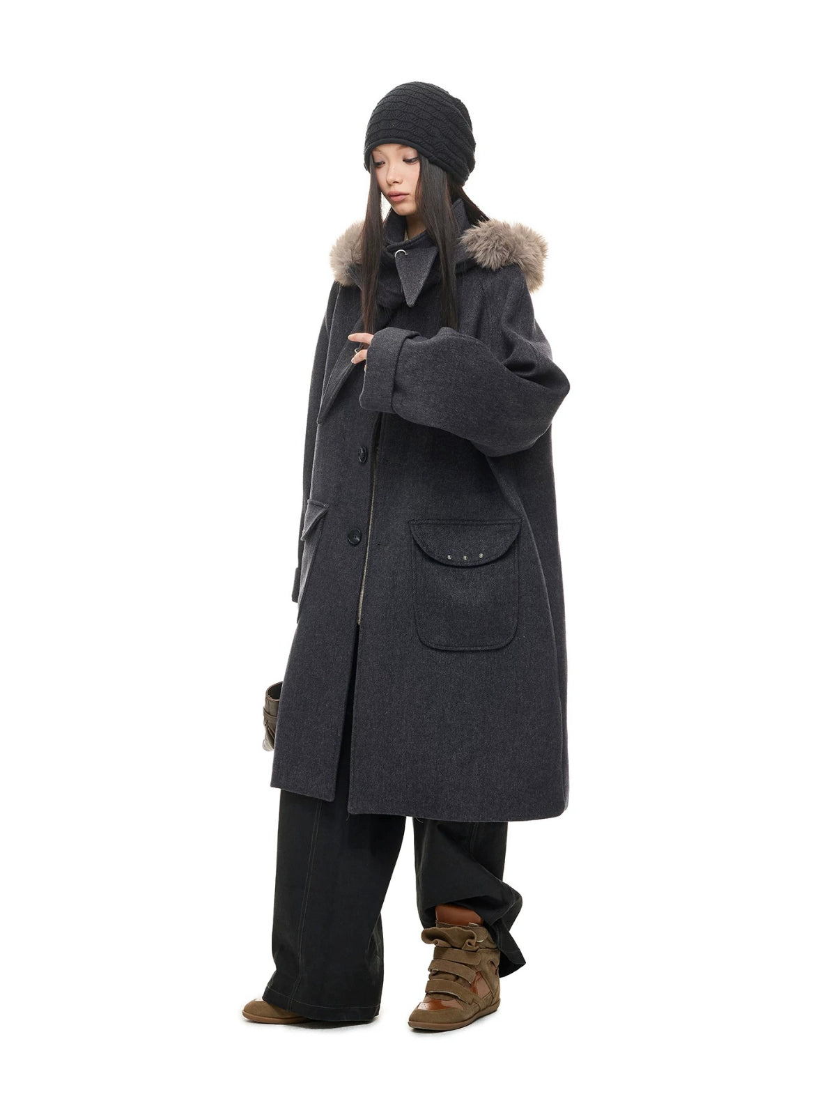 Hooded Wool Blend Long Coat