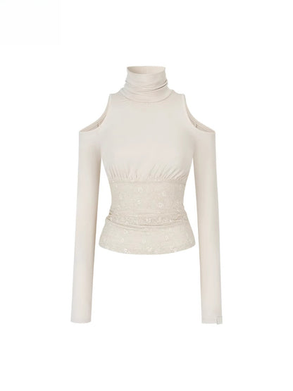 Lace Cold-Shoulder High Neck Long Sleeve Top