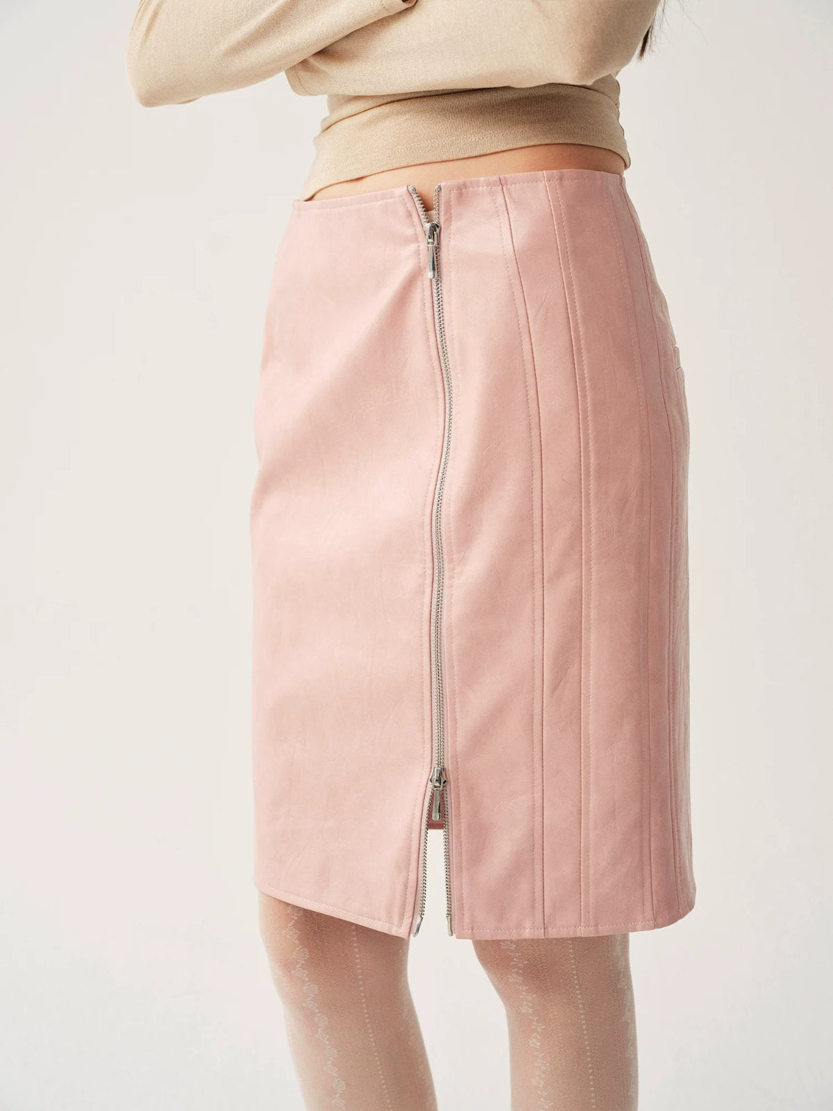 Pink PU Leather Zip Skirt