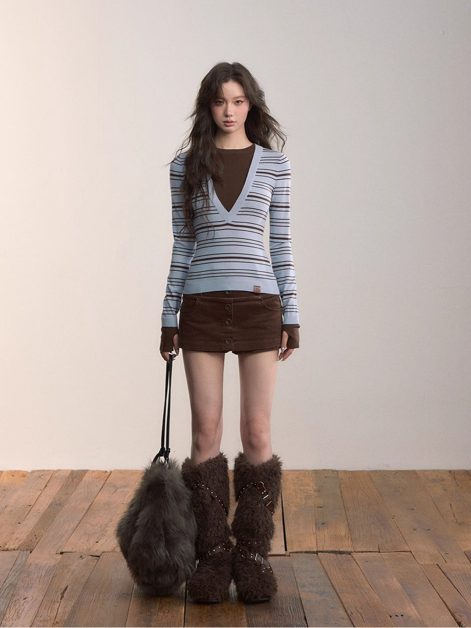 Color-Blocked Stripe Crew Neck Long Sleeve Knit Top