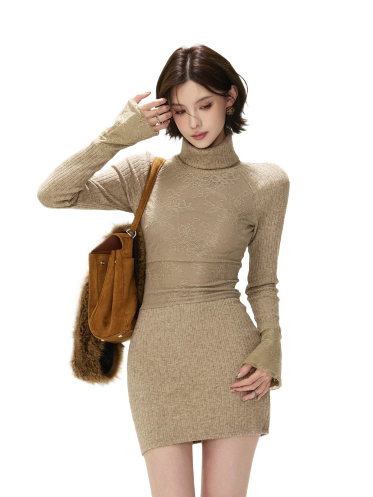 Vintage Lace Turtleneck Knit Mini Dress