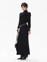 Black Draped Knit High-neck Dress
