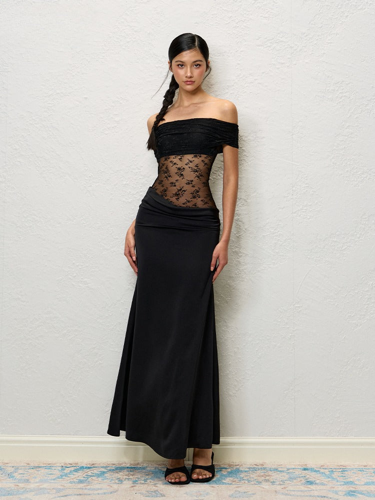 Green &amp; Black Lace Off-Shoulder Slip Dress