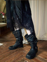 Distressed Stud Strap Mid-Calf Boots