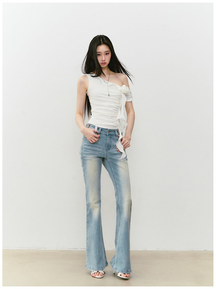 Color-Block Washed Flared Jeans