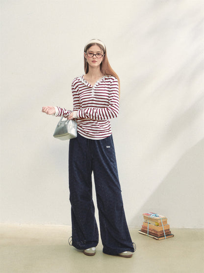 Striped Color-block Lace Spliced T-Shirt