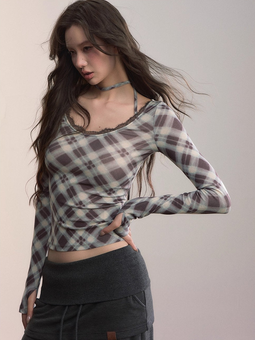 Plaid Tie-Up Neck Long-Sleeve T-shirt